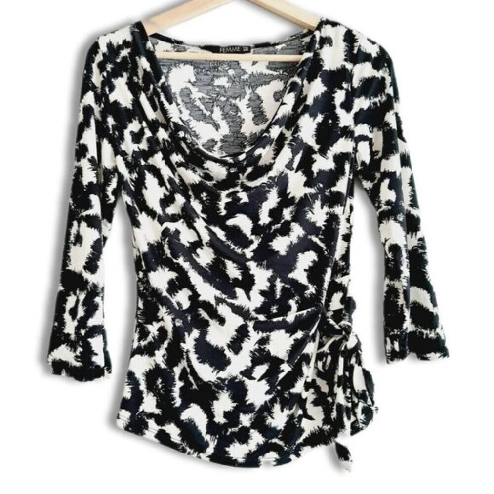FEMME De Carriere Draped Cowl Neck Stretch Top B&W Abstract Print Sz M